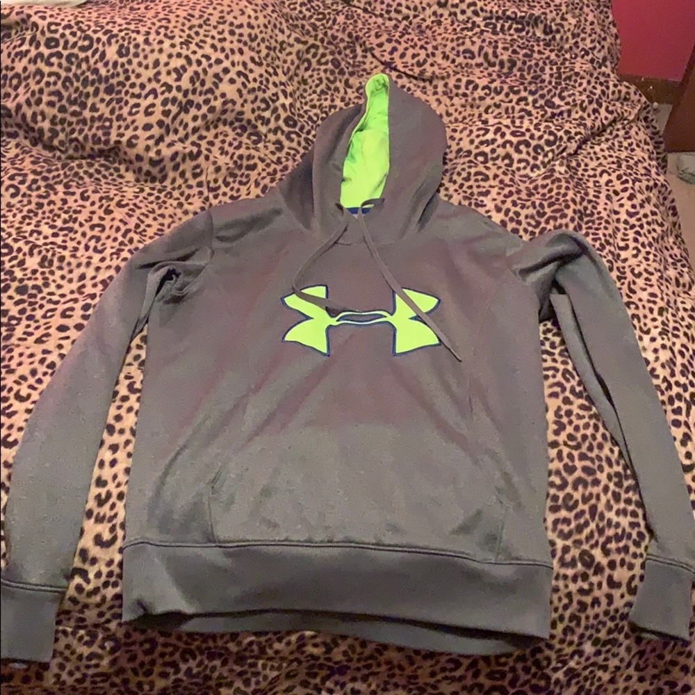 Grey under Armour hoodie with green and blue logo